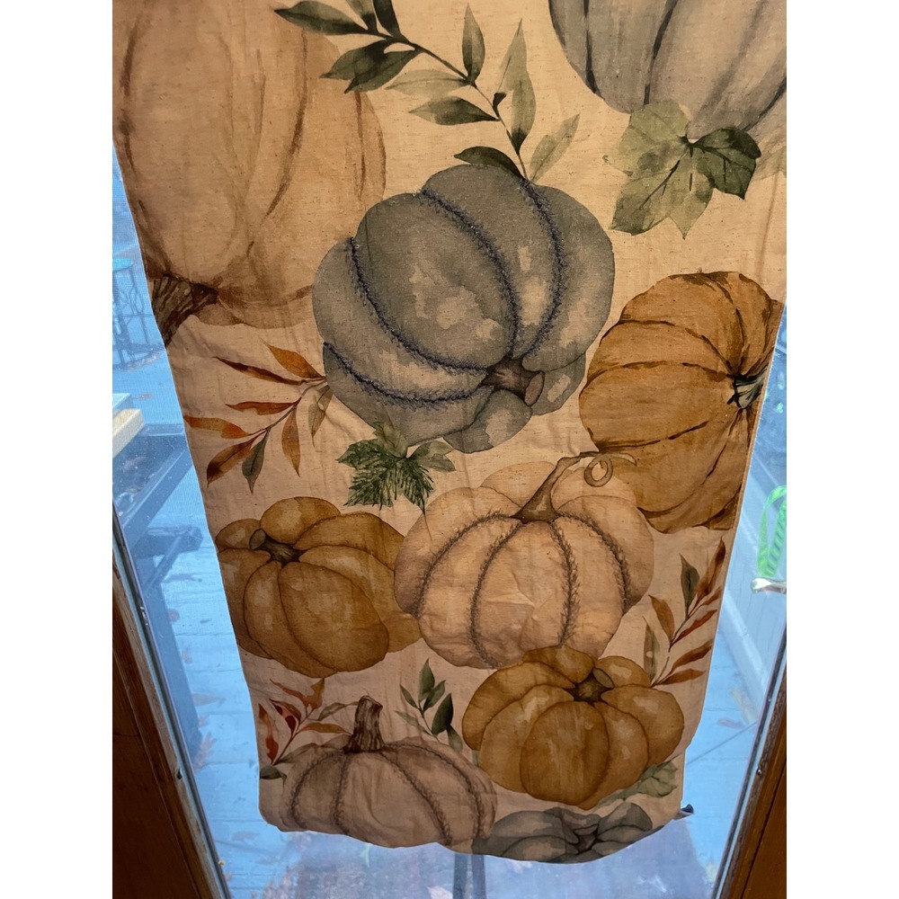 Shabby Chic Table‎ Runner 14" x 72" Beige Blue Pumpkin Fall Harvest Decor - Picture 3 of 9